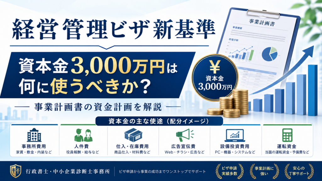 経営管理ビザ新基準で資本金3000万円を何に使うべきか事業計画書の資金計画を解説するアイキャッチ画像