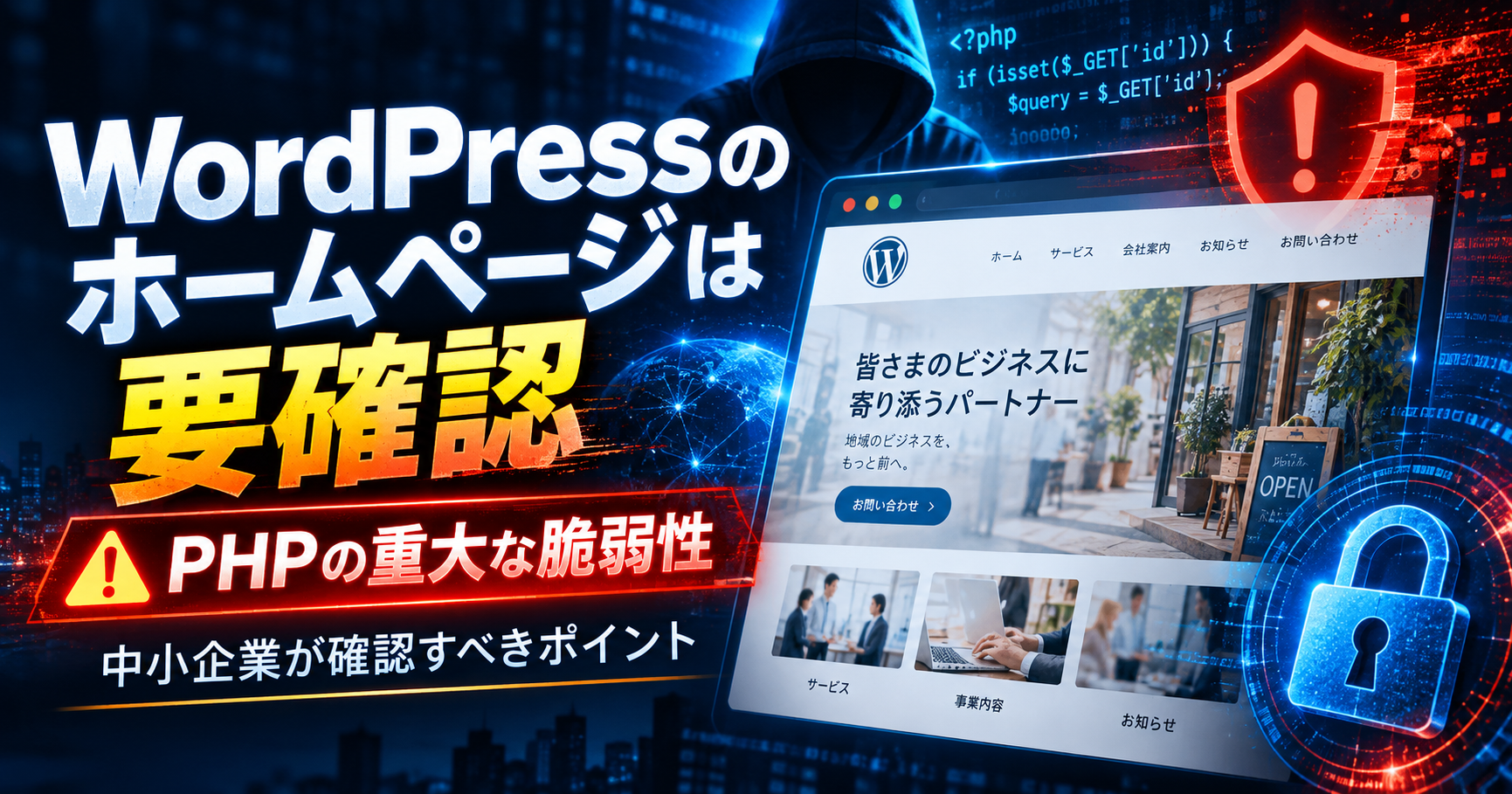 WordPressを使ったホームページとPHPの重大な脆弱性を解説するイメージ
